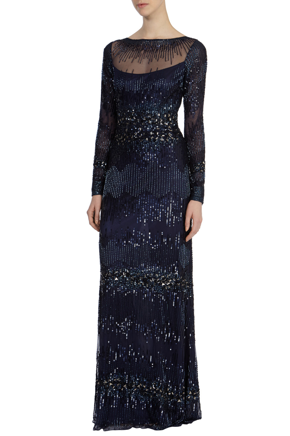 Davina Maxi Dress - neckline: slash/boat neckline; pattern: plain; style: maxi dress; predominant colour: navy; length: floor length; fit: body skimming; occasions: occasion; sleeve length: long sleeve; sleeve style: standard; pattern type: fabric; pattern size: standard; texture group: other - light to midweight; embellishment: beading; season: s/s 2015