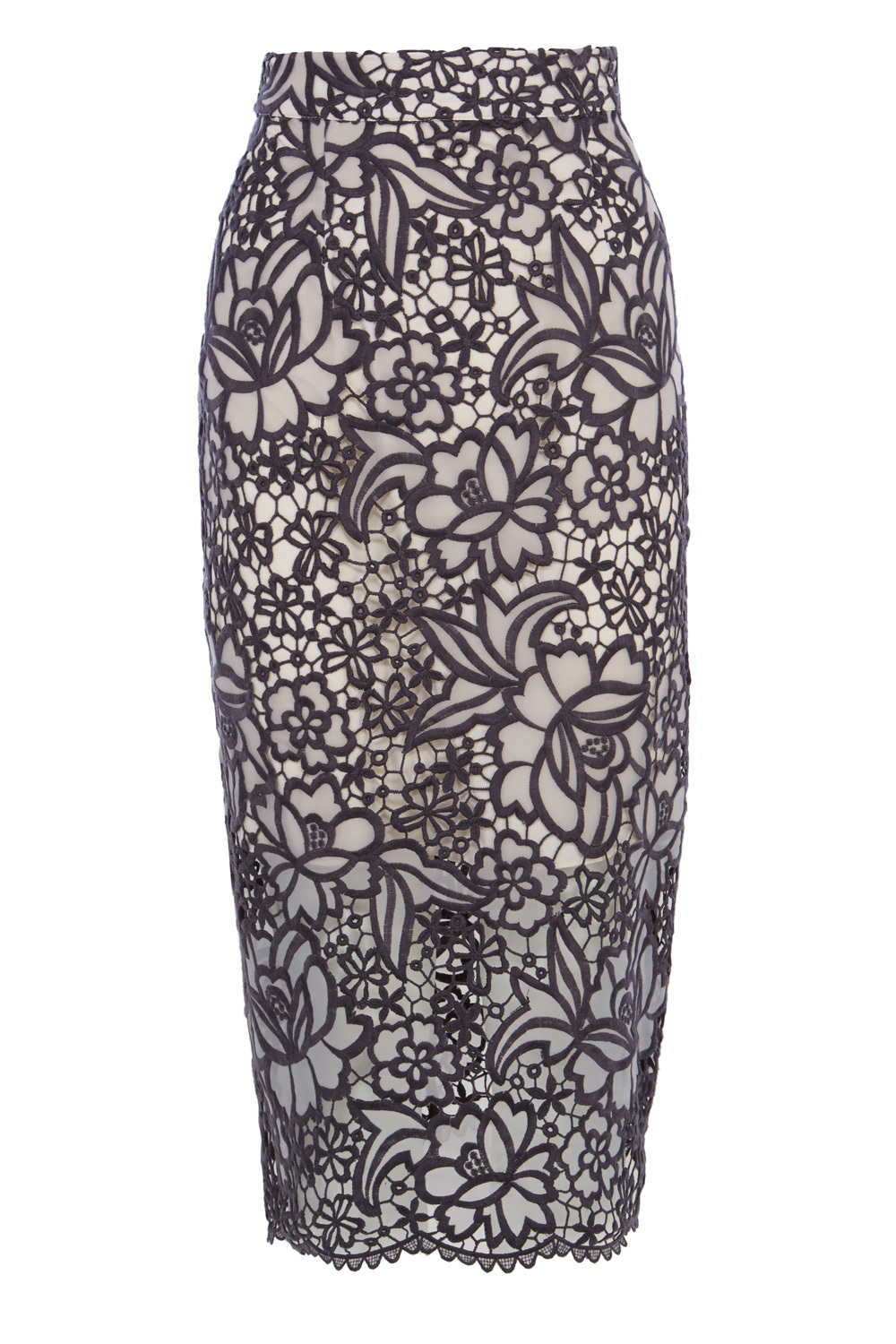 Sky Lace Flower Midi Skirt - length: below the knee; pattern: plain; style: pencil; fit: tailored/fitted; waist: high rise; secondary colour: blush; predominant colour: black; occasions: evening, occasion; fibres: polyester/polyamide - 100%; texture group: lace; pattern type: fabric; season: s/s 2015