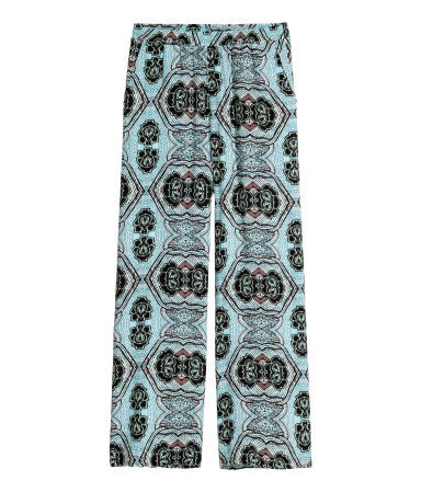 Wide Trousers - length: standard; style: palazzo; waist: mid/regular rise; predominant colour: turquoise; secondary colour: black; occasions: casual; waist detail: feature waist detail; fit: wide leg; pattern type: fabric; pattern: patterned/print; texture group: woven light midweight; season: s/s 2015; pattern size: big & busy (bottom); wardrobe: highlight