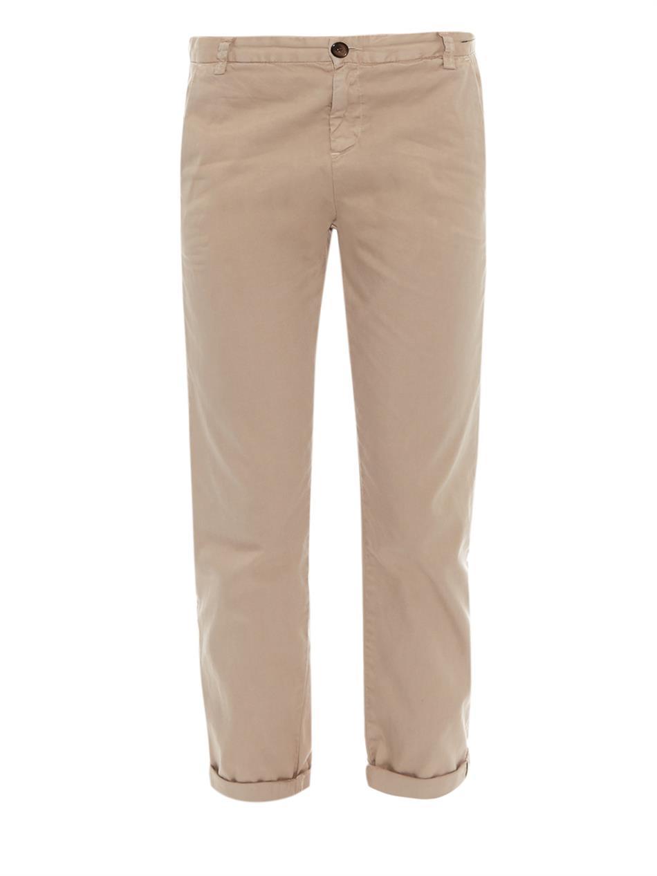 The Captain Mid Rise Straight Chinos - pattern: plain; waist: mid/regular rise; predominant colour: camel; occasions: casual, creative work; length: ankle length; style: chino; fibres: cotton - stretch; jeans & bottoms detail: turn ups; fit: straight leg; pattern type: fabric; texture group: woven light midweight; season: s/s 2015