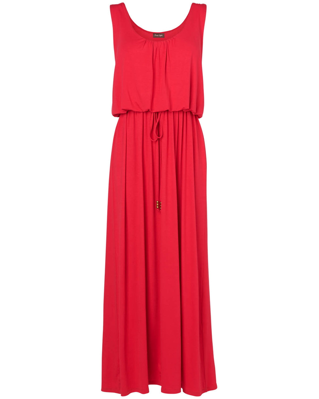 Bella Blouson Maxi - fit: fitted at waist; pattern: plain; sleeve style: sleeveless; style: maxi dress; waist detail: belted waist/tie at waist/drawstring; predominant colour: true red; occasions: casual, holiday; length: floor length; neckline: scoop; hip detail: soft pleats at hip/draping at hip/flared at hip; sleeve length: sleeveless; pattern type: fabric; texture group: jersey - stretchy/drapey; season: s/s 2015