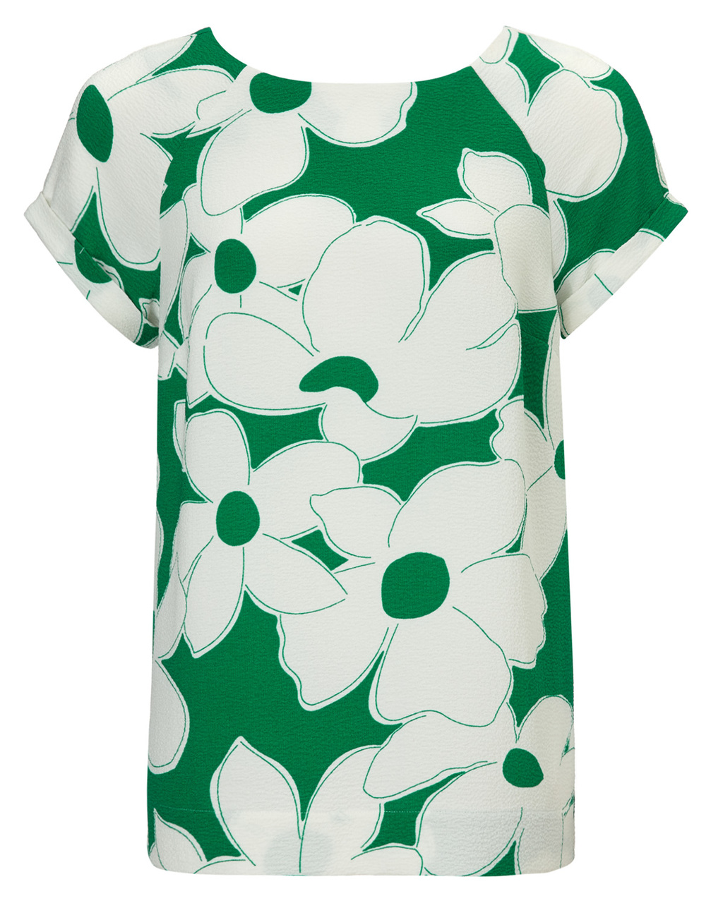 Frances Floral Crepe Blouse - secondary colour: white; predominant colour: emerald green; occasions: casual, creative work; length: standard; style: top; fit: straight cut; neckline: crew; sleeve length: short sleeve; sleeve style: standard; texture group: crepes; pattern type: fabric; pattern: florals; season: s/s 2015; pattern size: big & busy (top)