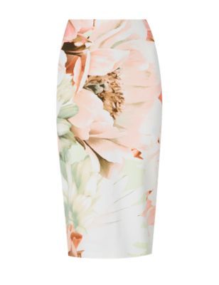 Scuba Floral Pencil Skirt - length: below the knee; style: pencil; fit: tailored/fitted; waist: high rise; secondary colour: pistachio; predominant colour: nude; occasions: evening; fibres: polyester/polyamide - stretch; pattern type: fabric; pattern: florals; texture group: woven light midweight; season: s/s 2015; pattern size: big & busy (bottom)