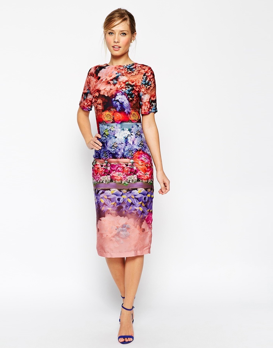 Salon Beautiful Fading Flower Midi T Shirt Dress Multi - style: t-shirt; length: calf length; predominant colour: true red; secondary colour: pale blue; occasions: evening; fit: body skimming; fibres: polyester/polyamide - 100%; neckline: crew; sleeve length: half sleeve; sleeve style: standard; pattern type: fabric; pattern size: big & busy; pattern: florals; texture group: other - light to midweight; season: s/s 2015; multicoloured: multicoloured