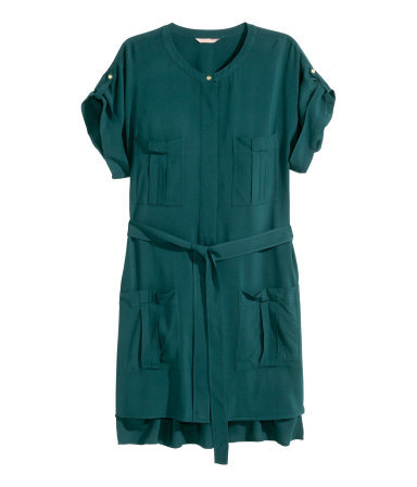 + Shirt Dress - style: shirt; length: mid thigh; neckline: round neck; fit: fitted at waist; pattern: plain; waist detail: belted waist/tie at waist/drawstring; predominant colour: teal; occasions: casual, creative work; fibres: viscose/rayon - 100%; hip detail: subtle/flattering hip detail; sleeve length: short sleeve; sleeve style: standard; pattern type: fabric; texture group: other - light to midweight; trends: utilitarian chic; season: s/s 2015; wardrobe: highlight