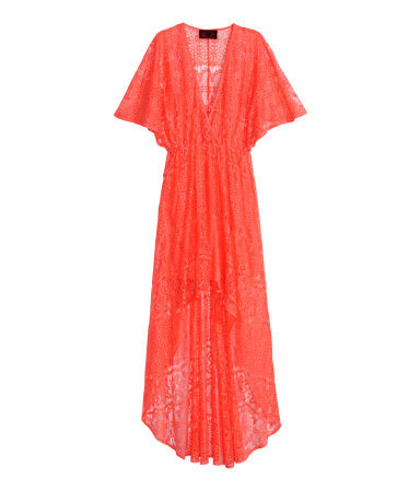 Long Lace Dress - neckline: v-neck; sleeve style: angel/waterfall; fit: empire; pattern: plain; style: maxi dress; length: ankle length; predominant colour: bright orange; occasions: casual, evening; hip detail: subtle/flattering hip detail; sleeve length: short sleeve; texture group: lace; pattern type: fabric; trends: seventies retro; season: s/s 2015; wardrobe: highlight