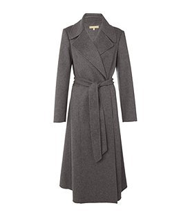 Wool Belted Coat - pattern: plain; collar: wide lapels; style: wrap around; waist detail: belted waist/tie at waist/drawstring; length: calf length; predominant colour: charcoal; occasions: casual, evening, work; fit: straight cut (boxy); trends: forties, knitwear; fibres: wool - 100%; sleeve length: long sleeve; sleeve style: standard; pattern type: fabric; pattern size: standard