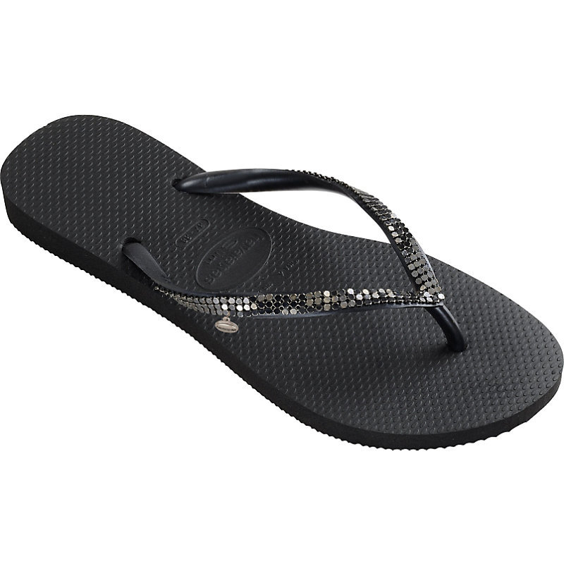 Embellished Flip Flops, Women's, 1/2, Black/Dark Grey - predominant colour: black; occasions: casual, holiday; material: plastic/rubber; heel height: flat; embellishment: sequins; heel: standard; toe: toe thongs; style: flip flops; finish: metallic; pattern: plain; season: s/s 2015