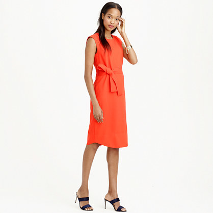 Petite Sleeveless Belted Dress In Italian Wool Crepe - style: shift; neckline: round neck; pattern: plain; sleeve style: sleeveless; waist detail: belted waist/tie at waist/drawstring; predominant colour: true red; length: on the knee; fit: straight cut; sleeve length: sleeveless; texture group: crepes; pattern type: fabric; occasions: creative work; season: s/s 2015