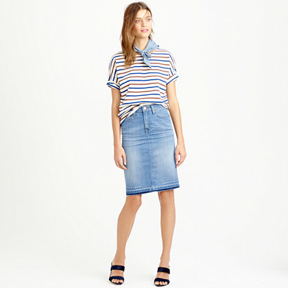 Frayed Denim Pencil Skirt - pattern: plain; style: pencil; waist: mid/regular rise; predominant colour: denim; occasions: casual, creative work; length: on the knee; texture group: denim; fit: straight cut; pattern type: fabric; season: s/s 2015