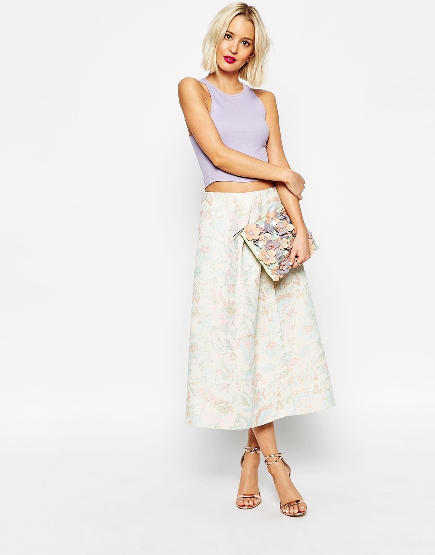 Prom Skirt In Metallic Jacquard Pastel - length: calf length; style: full/prom skirt; fit: loose/voluminous; waist: high rise; predominant colour: ivory/cream; fibres: polyester/polyamide - mix; occasions: occasion; pattern type: fabric; pattern: patterned/print; texture group: brocade/jacquard; season: s/s 2015