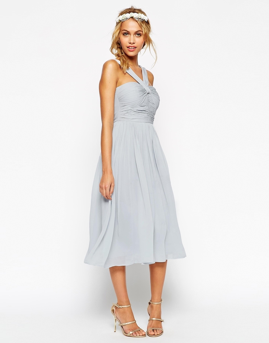 Wedding Midi Dress With Halter Neck Detail Light Blue - length: below the knee; pattern: plain; sleeve style: sleeveless; neckline: low halter neck; bust detail: ruching/gathering/draping/layers/pintuck pleats at bust; predominant colour: pale blue; occasions: evening, occasion; fit: fitted at waist & bust; style: fit & flare; fibres: viscose/rayon - 100%; hip detail: soft pleats at hip/draping at hip/flared at hip; sleeve length: sleeveless; texture group: sheer fabrics/chiffon/organza etc.; pattern type: fabric; season: s/s 2015