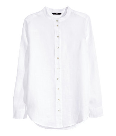 Linen Blouse - pattern: plain; style: blouse; predominant colour: white; occasions: casual, creative work; length: standard; neckline: collarstand; fit: straight cut; sleeve length: long sleeve; sleeve style: standard; texture group: linen; season: s/s 2015; wardrobe: basic