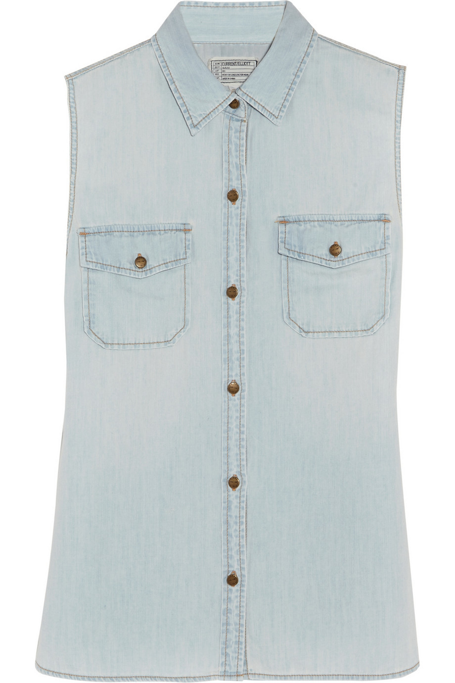 The Sleeveless Perfect Denim Shirt Light Denim - neckline: shirt collar/peter pan/zip with opening; pattern: plain; sleeve style: sleeveless; style: shirt; bust detail: pocket detail at bust; predominant colour: pale blue; occasions: casual; length: standard; fibres: cotton - stretch; fit: body skimming; sleeve length: sleeveless; texture group: denim; pattern type: fabric; season: s/s 2015