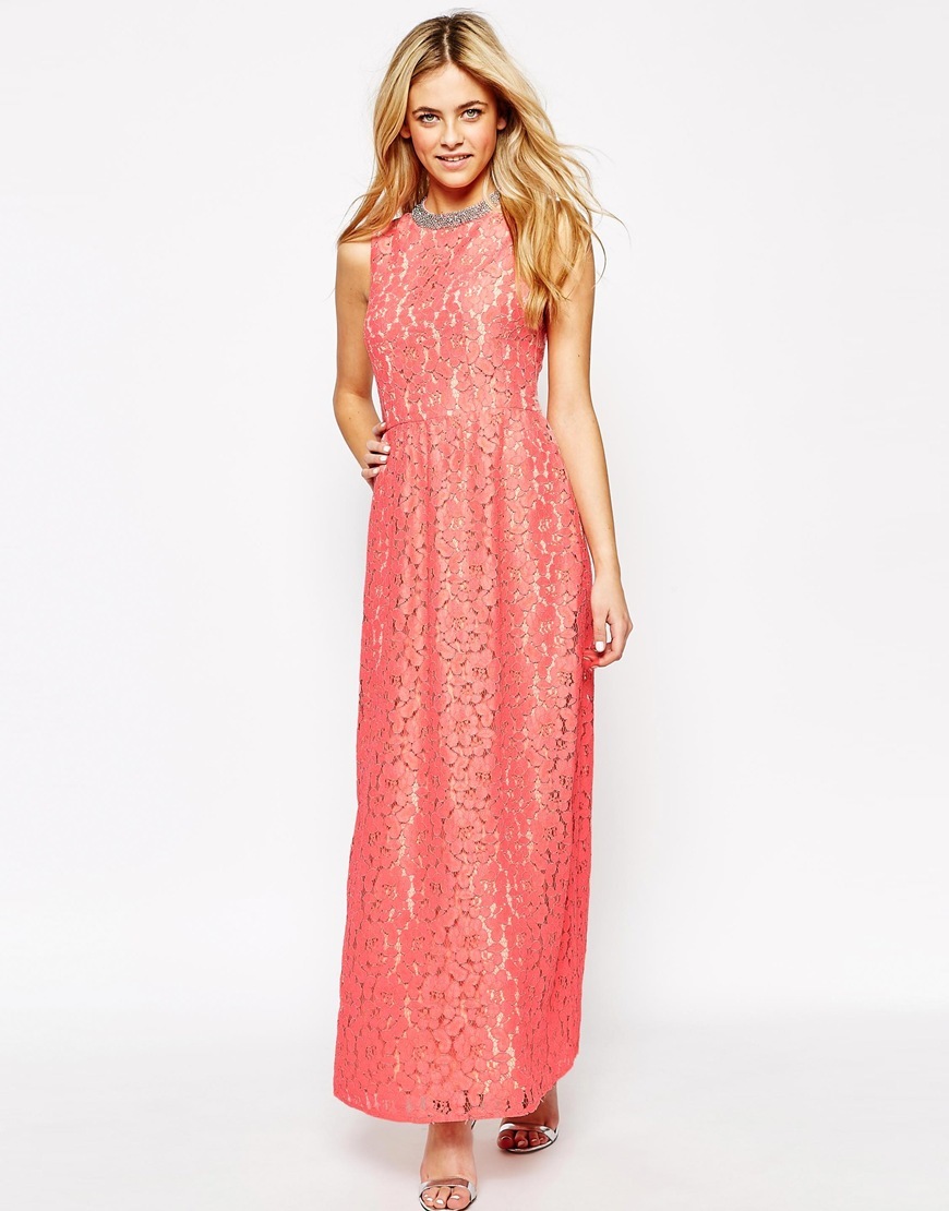 Premium Lace Maxi Dress Light Pink - sleeve style: sleeveless; style: maxi dress; length: ankle length; predominant colour: coral; secondary colour: silver; occasions: evening, occasion; fit: fitted at waist & bust; fibres: polyester/polyamide - mix; neckline: crew; sleeve length: sleeveless; texture group: lace; pattern type: fabric; pattern: patterned/print; embellishment: crystals/glass; season: s/s 2015