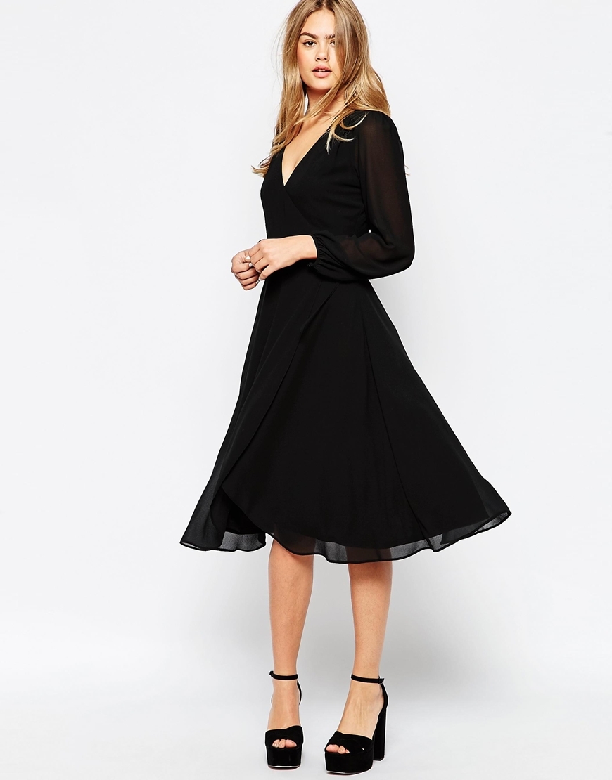 Midi Dress With Blouson Sleeves And Wrap Front Black - length: below the knee; neckline: low v-neck; pattern: plain; predominant colour: black; occasions: evening, occasion; fit: fitted at waist & bust; style: fit & flare; fibres: polyester/polyamide - 100%; sleeve length: long sleeve; sleeve style: standard; texture group: sheer fabrics/chiffon/organza etc.; pattern type: fabric; season: s/s 2015
