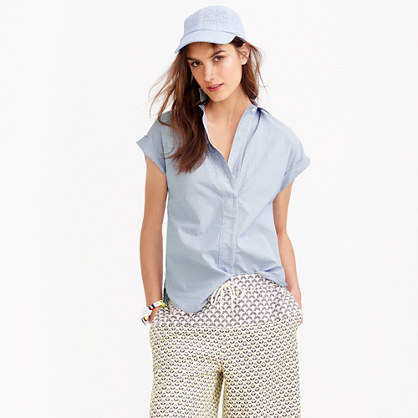 Petite Short Sleeve Popover Shirt In Stripe - neckline: shirt collar/peter pan/zip with opening; sleeve style: capped; pattern: plain; style: shirt; predominant colour: pale blue; occasions: casual, creative work; length: standard; fibres: cotton - 100%; fit: body skimming; sleeve length: short sleeve; texture group: cotton feel fabrics; pattern type: fabric; season: s/s 2015