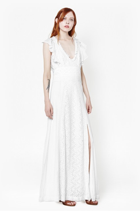 Dayton Lace Maxi Dress Winter White - neckline: low v-neck; sleeve style: angel/waterfall; pattern: plain; style: maxi dress; length: ankle length; predominant colour: white; occasions: evening, occasion; fit: soft a-line; hip detail: slits at hip; sleeve length: sleeveless; texture group: lace; pattern type: fabric; season: s/s 2015