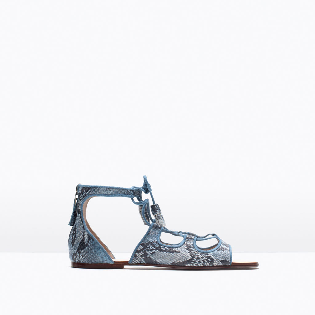 Flat Printed Roman Sandals - predominant colour: royal blue; secondary colour: pale blue; occasions: casual; material: faux leather; heel height: flat; heel: standard; toe: open toe/peeptoe; style: standard; finish: plain; pattern: animal print; season: s/s 2015; wardrobe: highlight