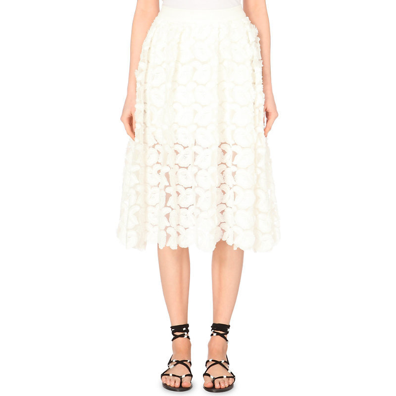 Jardin Embroidered Crepe Skirt, Women's, White - length: below the knee; pattern: plain; style: full/prom skirt; fit: loose/voluminous; waist: high rise; predominant colour: white; occasions: evening, occasion, creative work; fibres: polyester/polyamide - mix; hip detail: soft pleats at hip/draping at hip/flared at hip; waist detail: narrow waistband; texture group: crepes; pattern type: fabric; embellishment: embroidered; season: s/s 2015