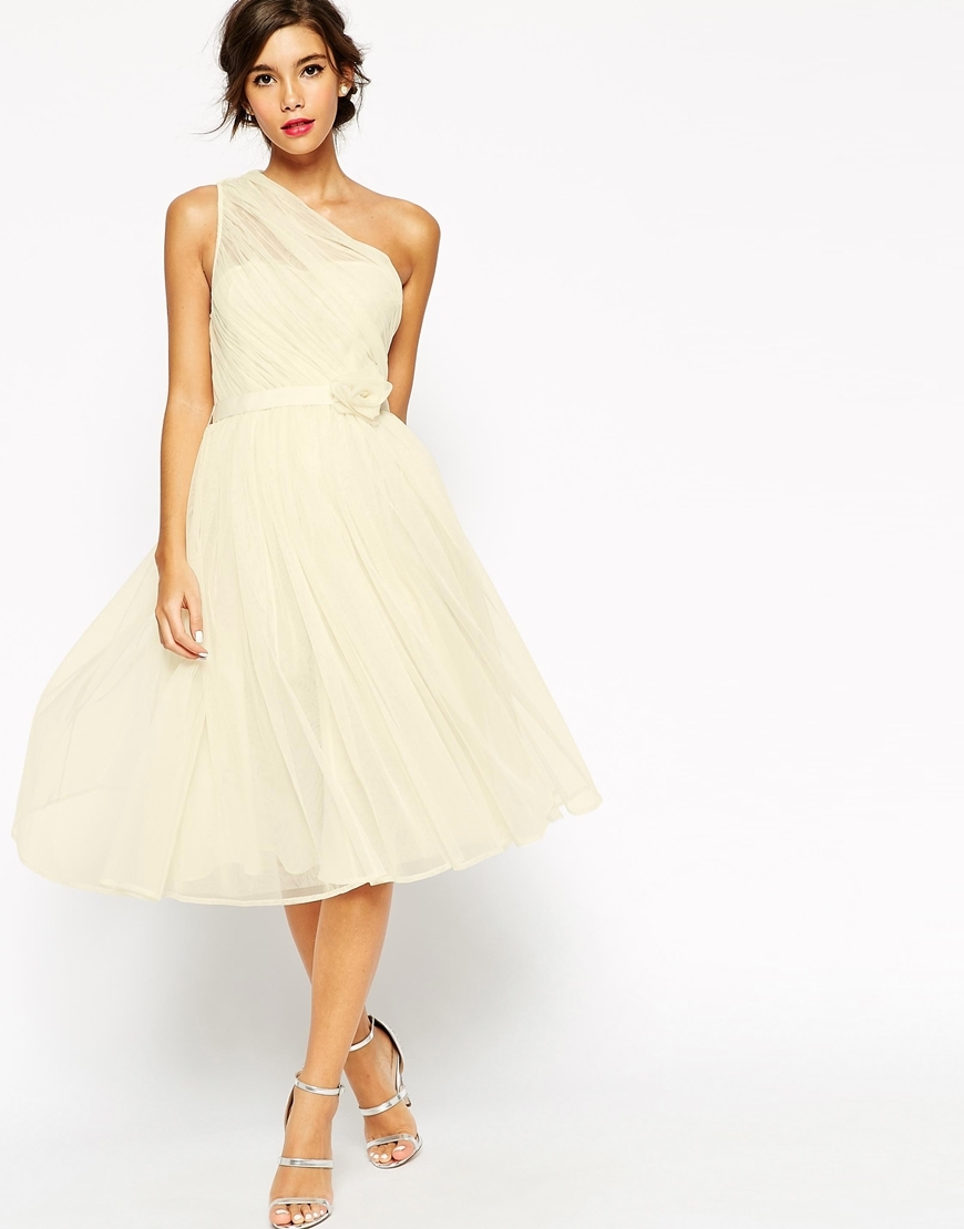Wedding Mesh One Shoulder Corsage Dress White - length: below the knee; pattern: plain; sleeve style: sleeveless; style: prom dress; waist detail: embellishment at waist/feature waistband; neckline: asymmetric; predominant colour: champagne; fit: fitted at waist & bust; fibres: polyester/polyamide - 100%; occasions: occasion, bridalwear; sleeve length: sleeveless; texture group: sheer fabrics/chiffon/organza etc.; pattern type: fabric; embellishment: corsage; season: s/s 2015