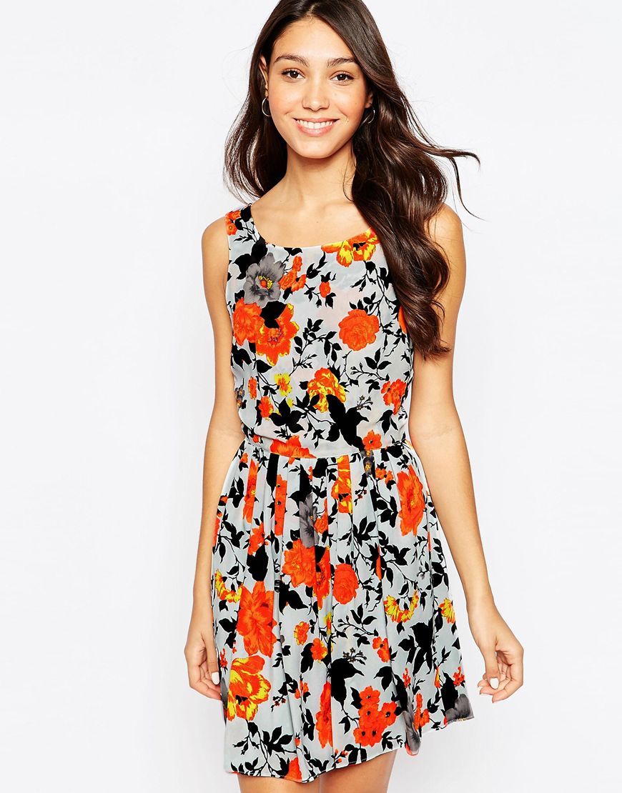 Rose Printed Sun Dress Multi Blue - length: mid thigh; neckline: round neck; fit: fitted at waist; sleeve style: sleeveless; style: sundress; predominant colour: bright orange; occasions: casual; sleeve length: sleeveless; pattern type: fabric; pattern: florals; texture group: woven light midweight; season: s/s 2015; multicoloured: multicoloured