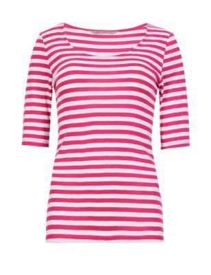 Pure Cotton Half Sleeve Striped T Shirt - pattern: horizontal stripes; style: t-shirt; secondary colour: white; predominant colour: hot pink; occasions: casual; length: standard; neckline: scoop; fibres: cotton - 100%; fit: body skimming; sleeve length: short sleeve; sleeve style: standard; pattern type: fabric; texture group: jersey - stretchy/drapey; season: s/s 2015; pattern size: big & busy (top)