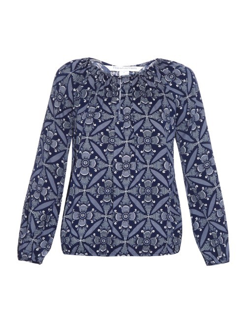 Hathaway Blouse - style: blouse; predominant colour: denim; occasions: casual, creative work; length: standard; fit: straight cut; neckline: crew; sleeve length: long sleeve; sleeve style: standard; pattern type: fabric; pattern size: light/subtle; pattern: patterned/print; texture group: jersey - stretchy/drapey; season: s/s 2015