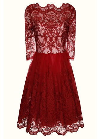 Womens **Chi Chi London Baroque Style Tea Dress Red - length: below the knee; neckline: high neck; predominant colour: true red; occasions: evening, occasion; fit: fitted at waist & bust; style: fit & flare; fibres: polyester/polyamide - 100%; back detail: sheer fabric at back; sleeve length: 3/4 length; sleeve style: standard; texture group: lace; pattern type: fabric; pattern: patterned/print; embellishment: lace; season: s/s 2015