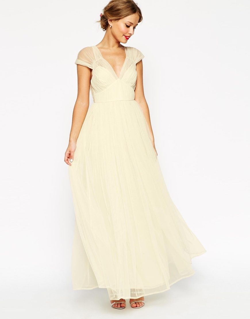 Wedding Ruched Mesh Panel Maxi Dress Cream - neckline: low v-neck; sleeve style: capped; pattern: plain; style: maxi dress; length: ankle length; predominant colour: ivory/cream; fit: fitted at waist & bust; fibres: polyester/polyamide - 100%; sleeve length: short sleeve; texture group: sheer fabrics/chiffon/organza etc.; pattern type: fabric; season: s/s 2015