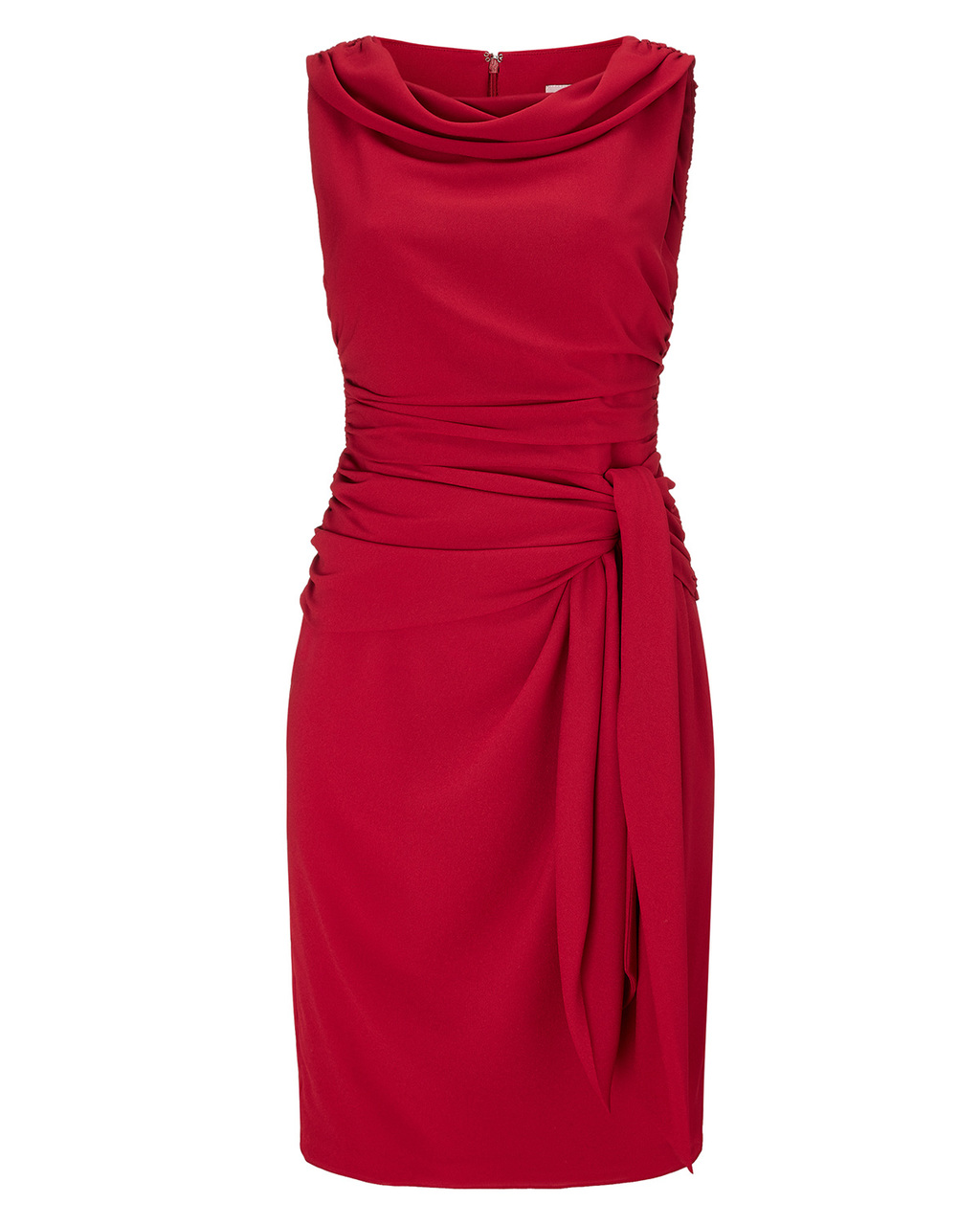 Lilia Dress - style: shift; neckline: cowl/draped neck; pattern: plain; sleeve style: sleeveless; waist detail: belted waist/tie at waist/drawstring; predominant colour: true red; occasions: evening, occasion; length: just above the knee; fit: body skimming; fibres: polyester/polyamide - 100%; sleeve length: sleeveless; pattern type: fabric; texture group: jersey - stretchy/drapey; season: s/s 2015
