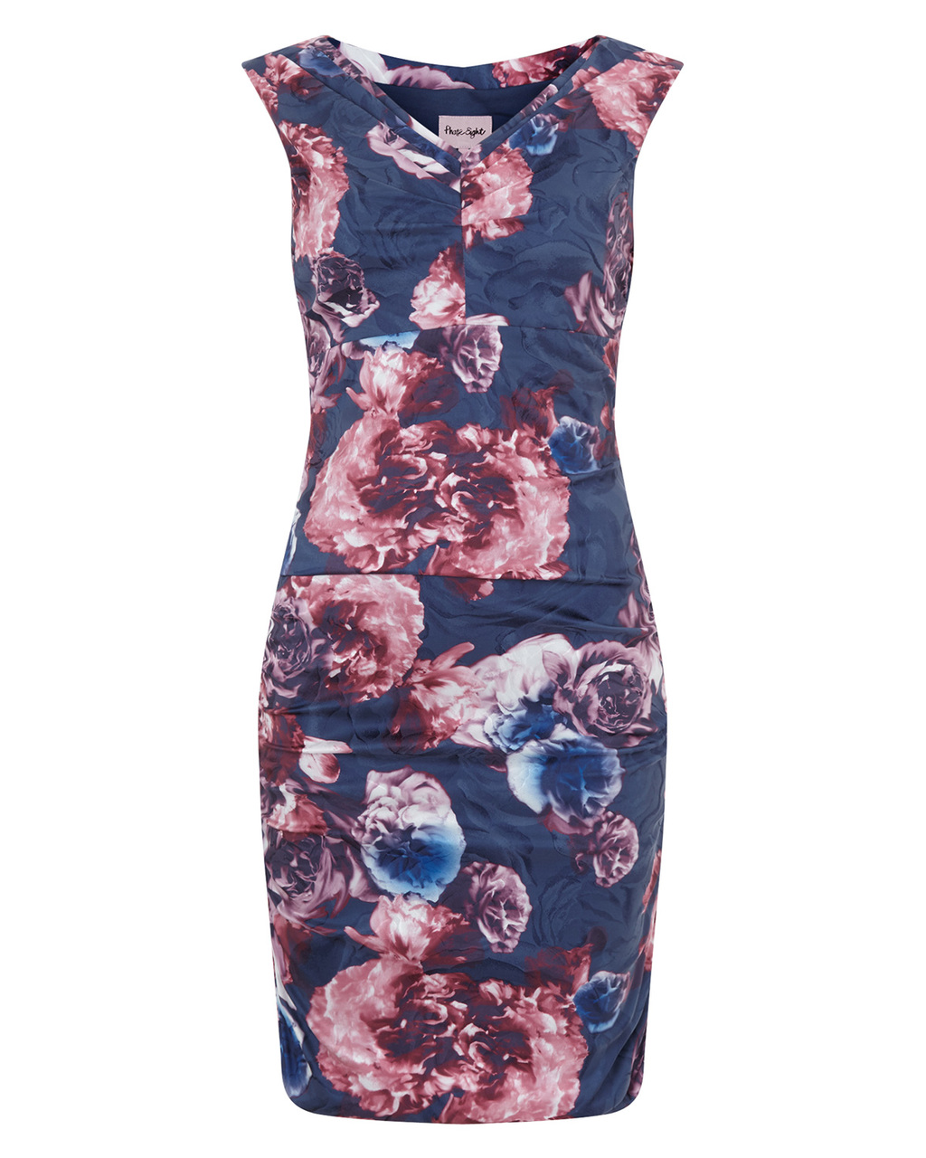 Mabel Crush Dress - neckline: v-neck; sleeve style: sleeveless; style: bodycon; secondary colour: pink; predominant colour: denim; occasions: evening, occasion; length: just above the knee; fit: body skimming; fibres: polyester/polyamide - stretch; sleeve length: sleeveless; pattern type: fabric; pattern: florals; texture group: jersey - stretchy/drapey; season: s/s 2015; multicoloured: multicoloured
