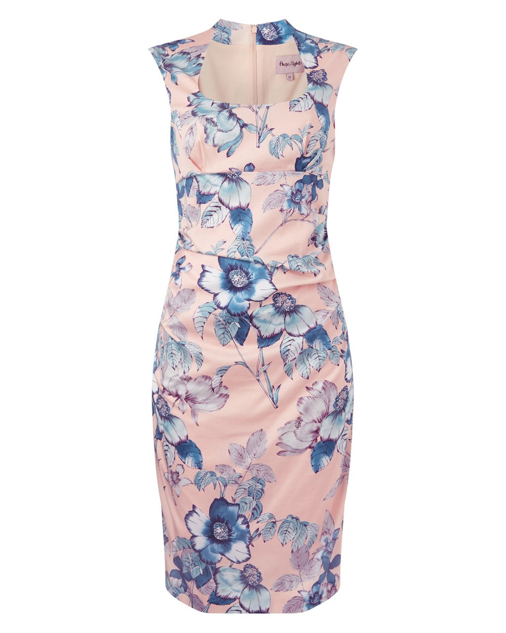 Rapunzel Print Dress - sleeve style: capped; style: bodycon; predominant colour: blush; secondary colour: pale blue; occasions: evening, occasion; length: on the knee; fit: body skimming; neckline: scoop; fibres: cotton - stretch; sleeve length: short sleeve; pattern type: fabric; pattern: florals; texture group: woven light midweight; trends: exotic blooms; season: s/s 2015; multicoloured: multicoloured