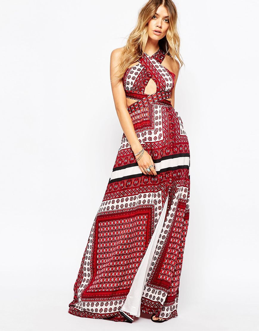Cross Front Maxi Dress Red - sleeve style: sleeveless; style: maxi dress; neckline: low halter neck; secondary colour: white; occasions: casual, evening, occasion; length: floor length; fit: fitted at waist & bust; fibres: polyester/polyamide - 100%; waist detail: cut out detail; sleeve length: sleeveless; pattern type: fabric; pattern size: big & busy; pattern: patterned/print; texture group: other - light to midweight; predominant colour: raspberry; season: s/s 2015; multicoloured: multicoloured