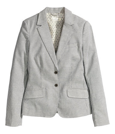 Cotton Blazer - pattern: plain; style: single breasted blazer; collar: standard lapel/rever collar; predominant colour: light grey; occasions: work, creative work; length: standard; fit: tailored/fitted; fibres: cotton - 100%; sleeve length: long sleeve; sleeve style: standard; collar break: medium; pattern type: fabric; texture group: woven light midweight; season: s/s 2015; wardrobe: investment