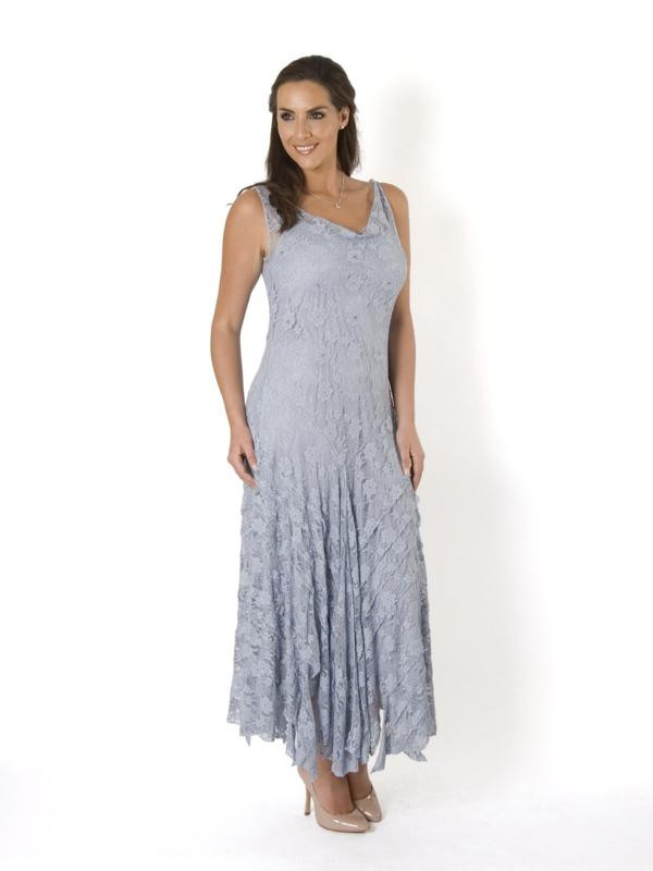 Silver Grey Stretch Lace Cinderella Bead Trim Dress - neckline: cowl/draped neck; pattern: plain; sleeve style: sleeveless; style: maxi dress; length: ankle length; predominant colour: pale blue; fit: body skimming; fibres: cotton - stretch; occasions: occasion; sleeve length: sleeveless; texture group: sheer fabrics/chiffon/organza etc.; bust detail: tiers/frills/bulky drapes/pleats; pattern type: fabric; embellishment: lace; season: s/s 2015