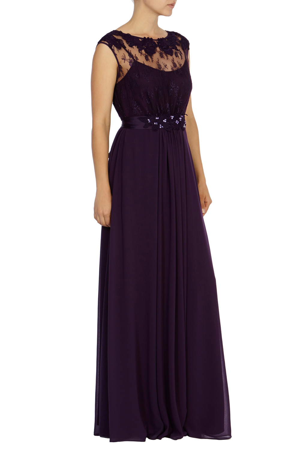 Lori May Maxi Dress - neckline: slash/boat neckline; pattern: plain; sleeve style: sleeveless; style: maxi dress; predominant colour: aubergine; occasions: evening, occasion; length: floor length; fit: fitted at waist & bust; sleeve length: sleeveless; texture group: sheer fabrics/chiffon/organza etc.; pattern type: fabric; embellishment: lace; season: s/s 2015