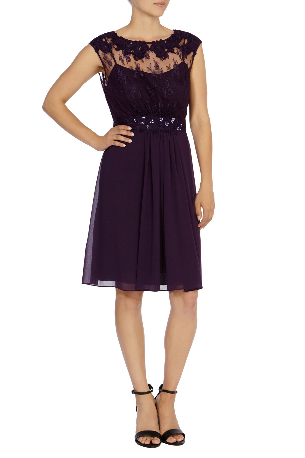 Lori May Short Dress - neckline: round neck; sleeve style: capped; pattern: plain; predominant colour: purple; occasions: evening, occasion; length: on the knee; fit: fitted at waist & bust; style: fit & flare; hip detail: soft pleats at hip/draping at hip/flared at hip; sleeve length: sleeveless; texture group: sheer fabrics/chiffon/organza etc.; pattern type: fabric; shoulder detail: sheer at shoulder; season: s/s 2015