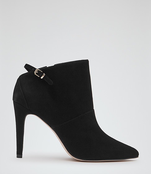 Arabesque Suede Point Toe Boots - predominant colour: black; material: suede; heel height: high; heel: stiletto; toe: pointed toe; boot length: ankle boot; style: standard; finish: plain; pattern: plain; occasions: creative work; season: s/s 2015