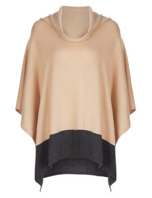 Pure Cashmere Cowl Neck Poncho - neckline: cowl/draped neck; length: below the bottom; style: poncho; predominant colour: nude; occasions: casual, creative work; fit: loose; hip detail: dip hem; fibres: cashmere - 100%; sleeve length: long sleeve; texture group: knits/crochet; pattern type: knitted - fine stitch; pattern: colourblock; sleeve style: cape/poncho sleeve; season: s/s 2015; trends: folky 70s, plaid and simple