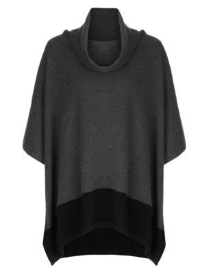 Pure Cashmere Cowl Neck Poncho - neckline: cowl/draped neck; length: below the bottom; style: poncho; predominant colour: charcoal; secondary colour: black; occasions: casual, creative work; fit: loose; hip detail: dip hem; fibres: cashmere - 100%; sleeve length: long sleeve; texture group: knits/crochet; pattern type: knitted - fine stitch; pattern: colourblock; sleeve style: cape/poncho sleeve; season: s/s 2015