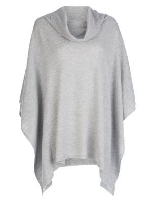 Pure Cashmere Cowl Neck Poncho - neckline: cowl/draped neck; pattern: plain; style: poncho; predominant colour: light grey; occasions: casual, creative work; fit: loose; length: mid thigh; hip detail: dip hem; fibres: cashmere - 100%; sleeve length: long sleeve; texture group: knits/crochet; pattern type: knitted - fine stitch; sleeve style: cape/poncho sleeve; season: s/s 2015; trends: plaid and simple