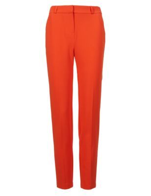 Slim Leg Ankle Grazer Trousers - pattern: plain; waist: mid/regular rise; predominant colour: bright orange; occasions: casual, creative work; length: ankle length; fibres: polyester/polyamide - stretch; waist detail: narrow waistband; fit: slim leg; pattern type: fabric; texture group: woven light midweight; style: standard; season: a/w 2014