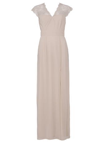 Womens **Elise Ryan Nude Maxi Dress Nude - neckline: v-neck; sleeve style: capped; pattern: plain; style: maxi dress; predominant colour: nude; occasions: evening; length: floor length; fit: body skimming; fibres: polyester/polyamide - 100%; sleeve length: short sleeve; texture group: sheer fabrics/chiffon/organza etc.; pattern type: fabric; embellishment: lace; shoulder detail: sheer at shoulder; season: s/s 2015