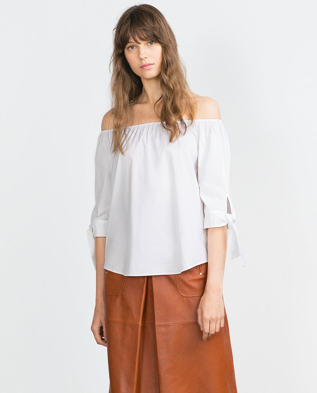 White Cotton Blouse - neckline: off the shoulder; pattern: plain; predominant colour: white; occasions: casual; length: standard; style: top; fit: loose; sleeve length: 3/4 length; sleeve style: standard; texture group: cotton feel fabrics; pattern type: fabric; season: s/s 2015; wardrobe: highlight