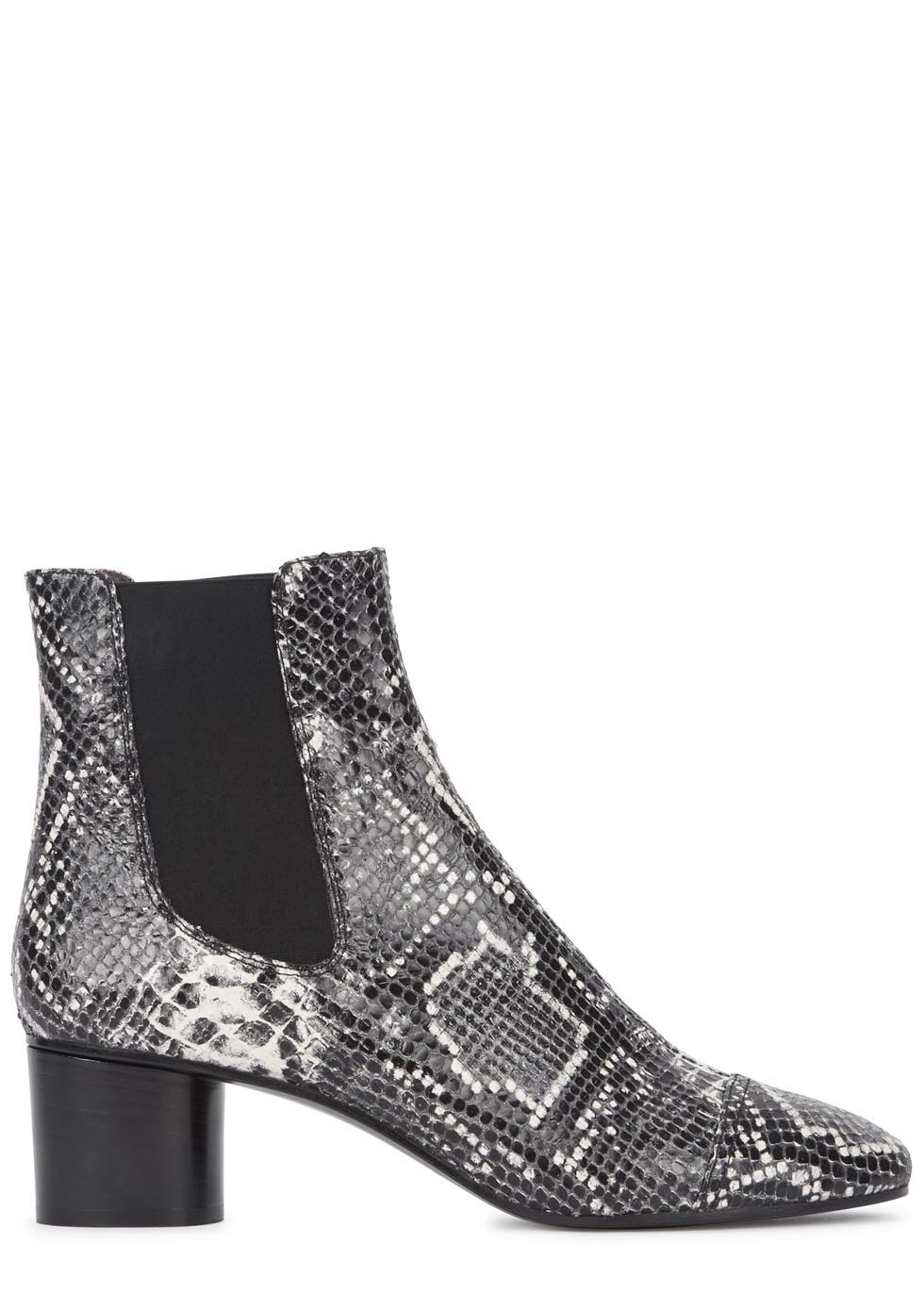 Danae Python Effect Leather Boots - secondary colour: charcoal; predominant colour: black; occasions: casual, creative work; material: leather; heel height: mid; heel: block; toe: pointed toe; boot length: ankle boot; style: standard; finish: plain; pattern: animal print; season: s/s 2015