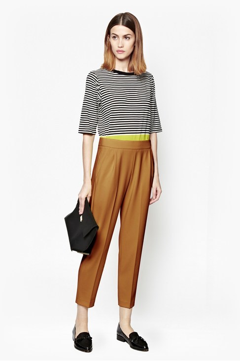 Whisper Ruth Tapered Trousers Carnaby Tan - pattern: plain; style: peg leg; waist: high rise; predominant colour: tan; occasions: casual, creative work; length: ankle length; fibres: polyester/polyamide - stretch; hip detail: front pleats at hip level; fit: tapered; pattern type: fabric; texture group: other - light to midweight; season: s/s 2015