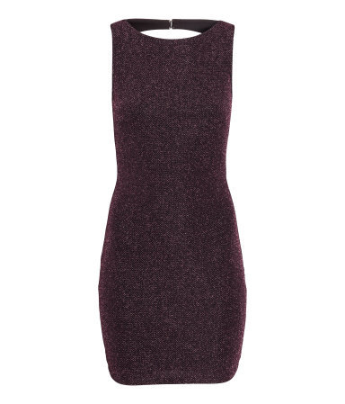 Glittery Dress - style: shift; length: mini; neckline: round neck; pattern: plain; sleeve style: sleeveless; back detail: back revealing; predominant colour: aubergine; occasions: evening, occasion; fit: body skimming; fibres: polyester/polyamide - mix; sleeve length: sleeveless; pattern type: fabric; texture group: other - light to midweight; season: s/s 2015; wardrobe: event