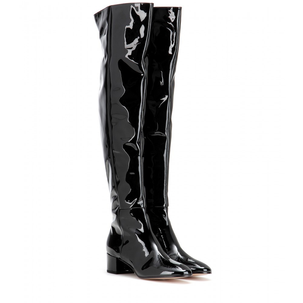 Rolling Over The Knee Patent Leather Boots - predominant colour: black; material: leather; heel height: mid; heel: block; toe: pointed toe; boot length: over the knee; style: riding; finish: plain; pattern: plain; occasions: creative work; season: s/s 2015