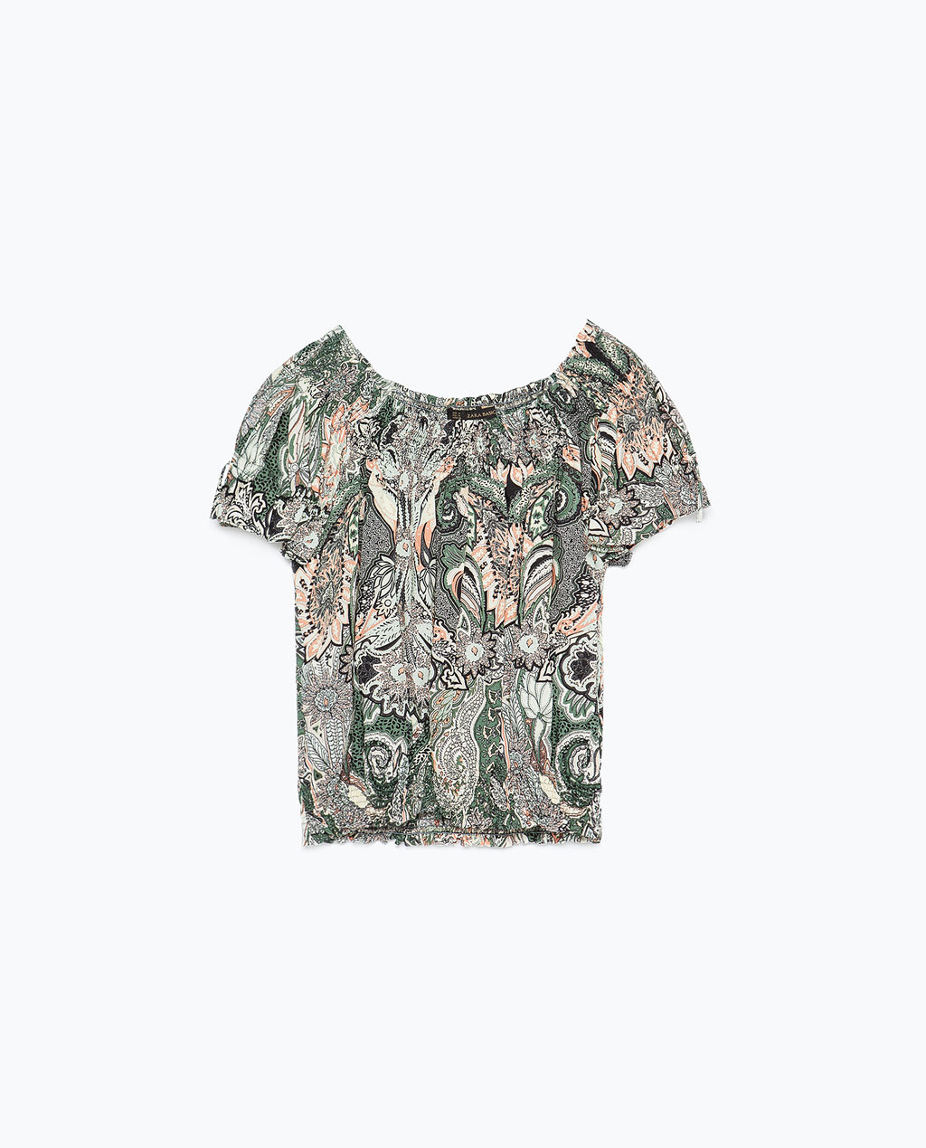 Printed Top - neckline: off the shoulder; secondary colour: white; predominant colour: mid grey; occasions: casual; length: standard; style: top; fibres: viscose/rayon - 100%; fit: loose; sleeve length: short sleeve; sleeve style: standard; pattern type: fabric; pattern: patterned/print; texture group: other - light to midweight; season: s/s 2015; multicoloured: multicoloured; wardrobe: highlight
